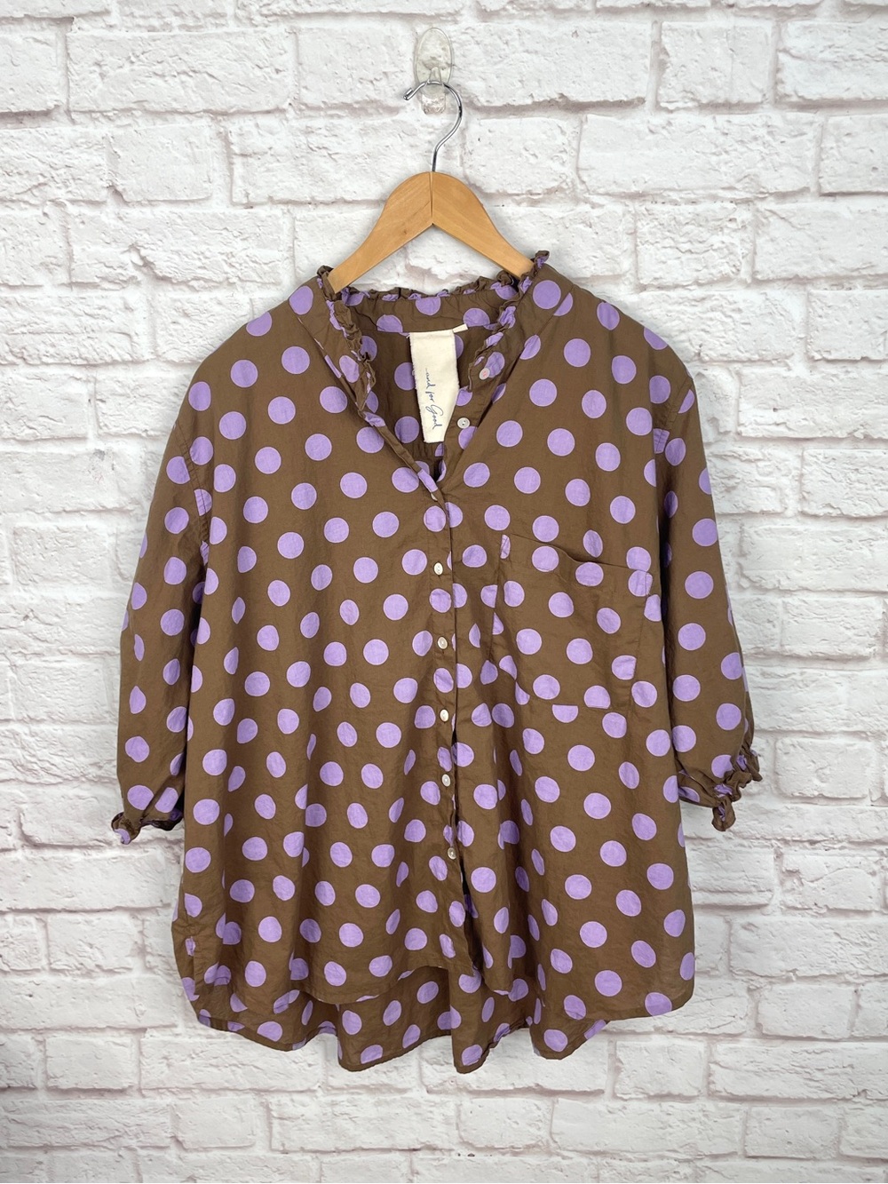 And for good Chocolate Brown Purple Polka Dot 100% Cotton Button Up Size 1X/2X